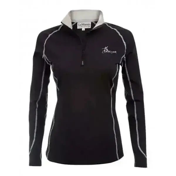 Black lemieux base layer polo shirt with gray trim and embroidered logo perfect rider base riding apparel