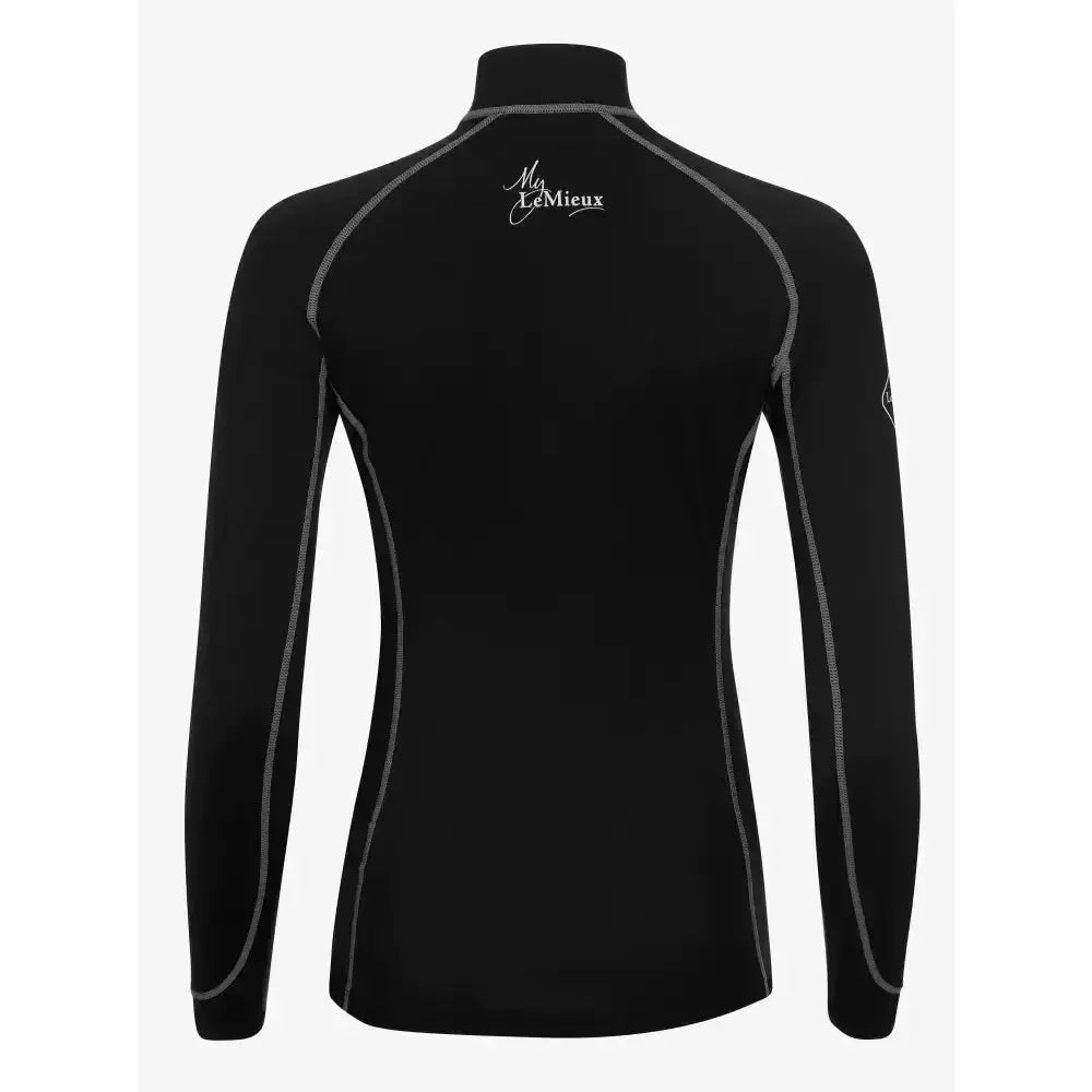 Back of black lemieux base layer rash guard with gray stitching and my lemieux logo for rider base apparel