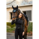 Black lemieux base layer riding apparel with white piping silver zipper and breeza logo on chest rider base gear