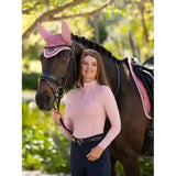 Pink mesh horse ear cover with decorative trim and small logo from lemieux base layer blossom collection