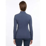 A sleek navy blue lemieux base layer dusk fitted long sleeve top with a high collar for cool weather layering