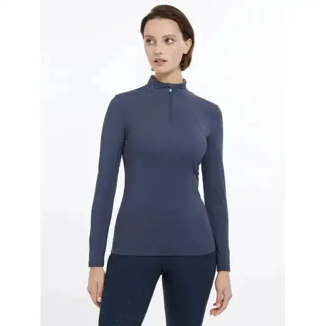 Lemieux base layer dusk blue navy long-sleeve athletic top with high collar and quarter-zip closure