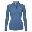 Blue long-sleeved lemieux base layer ice blue top with quarter-zip and white stitching rider base layer