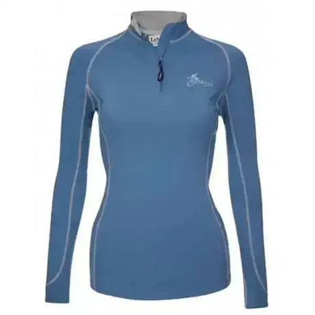 Blue long-sleeved lemieux base layer ice blue top with quarter-zip and white stitching rider base layer