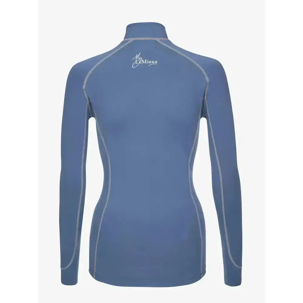 Blue long-sleeved high-neck lemieux base layer ice with subtle gray stitching and white logo on back for riders