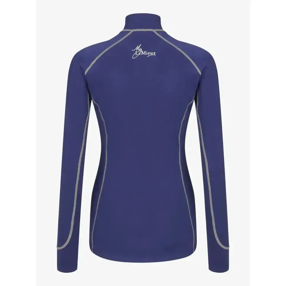 Back view of lemieux base layer ink blue navy long sleeve top with silver contrast stitching and my elegance logo