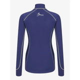 Back view of lemieux base layer ink blue navy long sleeve top with silver contrast stitching and my elegance logo