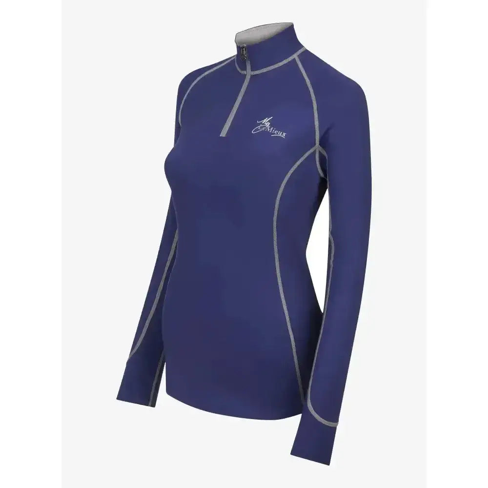 Navy blue lemieux base layer ink blue long sleeve performance top with silver piping and quarter zip collar