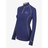 Navy blue lemieux base layer ink blue long sleeve performance top with silver piping and quarter zip collar