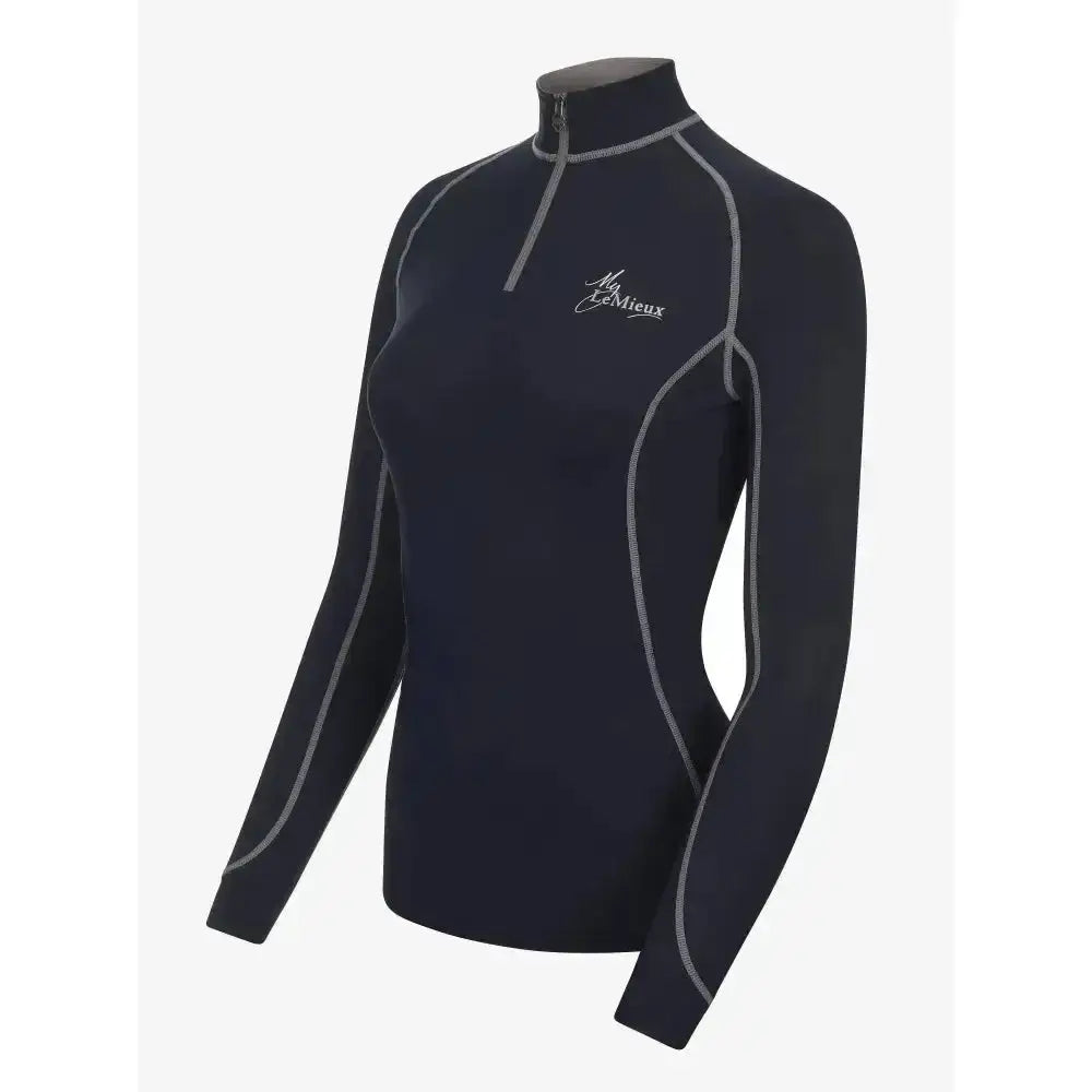 Black lemieux base layer rash guard with gray stitching and subtle my elegance logo perfect rider base layer