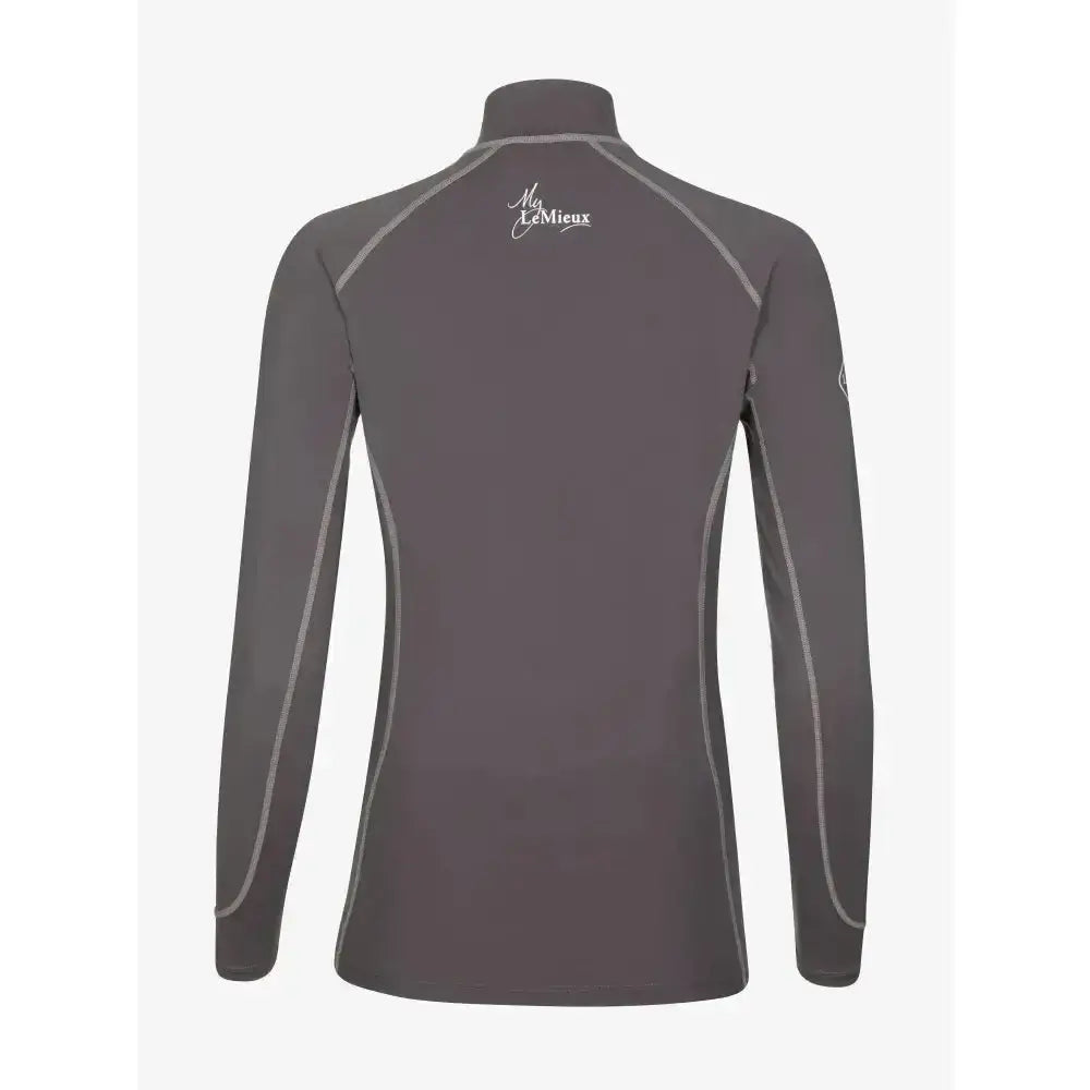 Dark gray lemieux base layer long sleeve top with silver stitching and white my lémieux logo on the upper back in slate grey