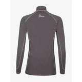 Dark gray lemieux base layer long sleeve top with silver stitching and white my lémieux logo on the upper back in slate grey