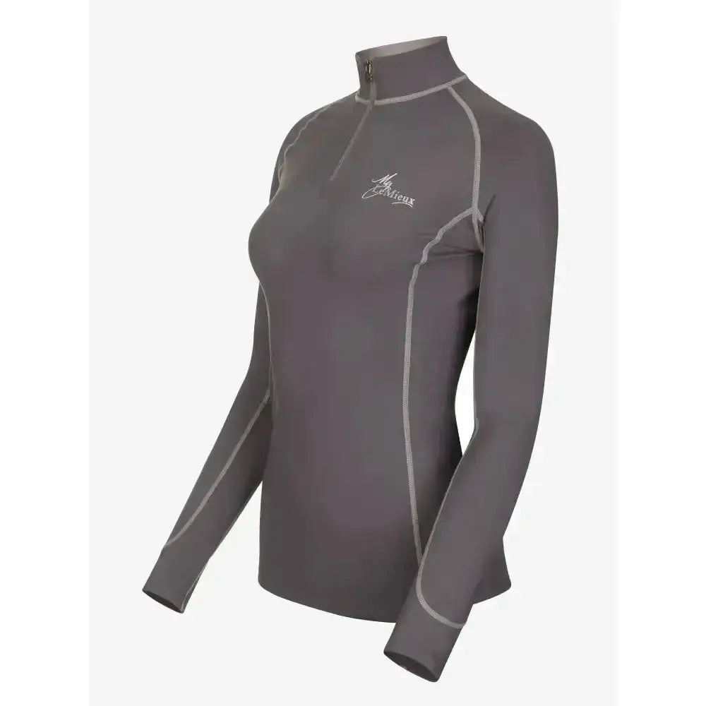 Lemieux base layer slate grey long sleeve performance top with silver stitching and half zip collar for matching heaven