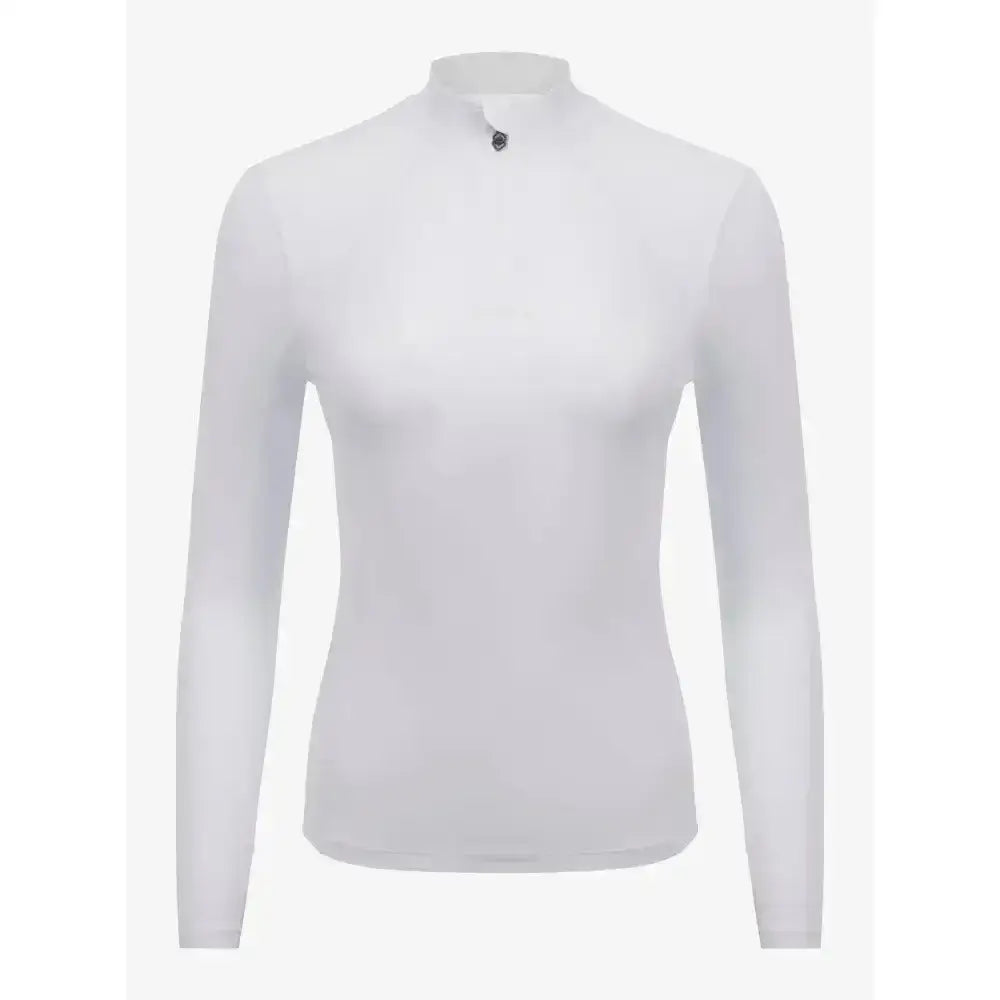 White long-sleeved high-neck lemieux base layer with subtle texture and small dark logo at collar perfect for matching heaven