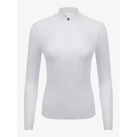 White long-sleeved high-neck lemieux base layer with subtle texture and small dark logo at collar perfect for matching heaven