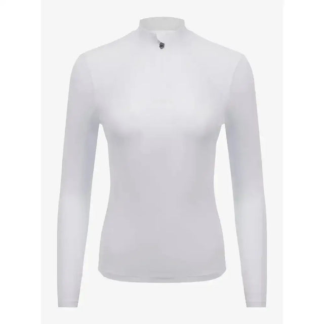 White long-sleeved high-neck lemieux base layer with subtle texture and small dark logo at collar perfect for matching heaven
