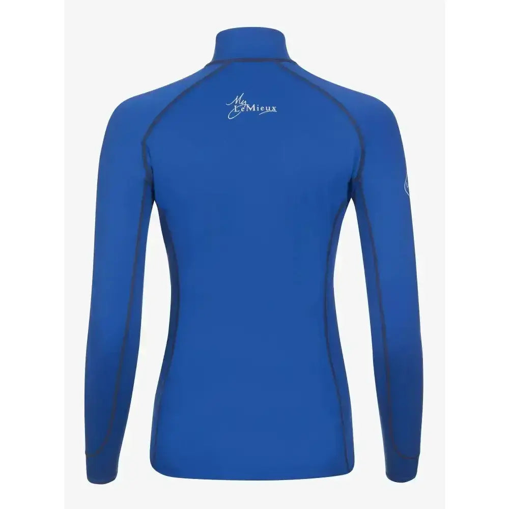 Back of blue high neck long sleeve rash guard with dark seams and white my cémieux logo lemieux base layers benetton