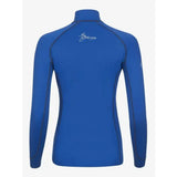 Back of blue high neck long sleeve rash guard with dark seams and white my cémieux logo lemieux base layers benetton