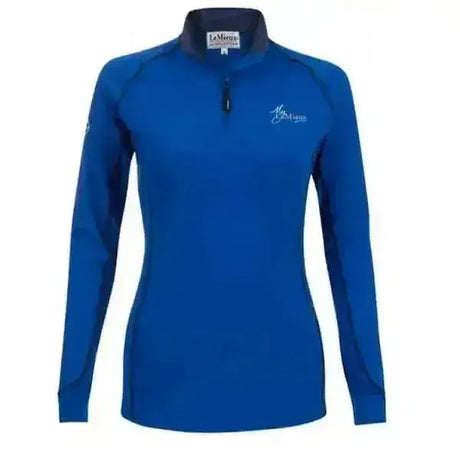 Vibrant royal blue lemieux base layers benetton long-sleeved quarter-zip top with dark collar and subtle chest logo