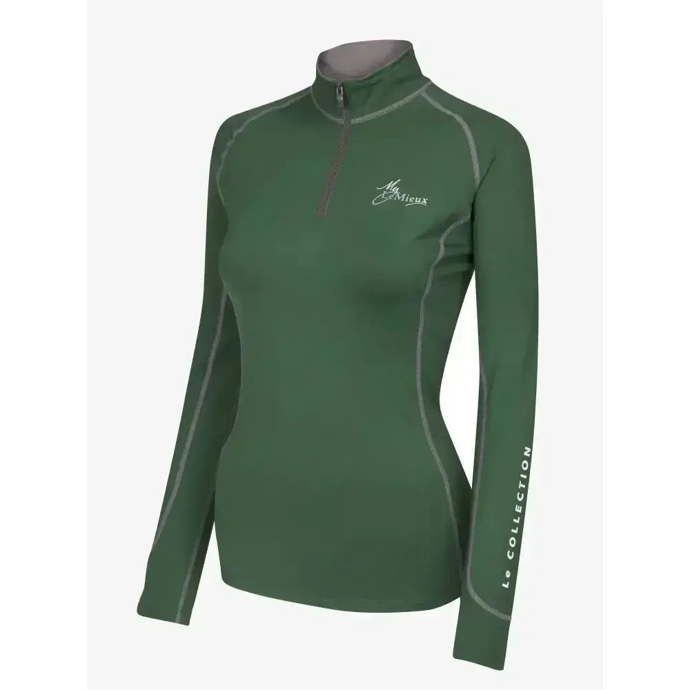 Dark green long-sleeved quarter-zip lemieux base layers hunter green with gray trim and white embroidered branding