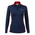 Navy blue long sleeved quarter zip lemieux base layers top with red collar and side panels perfect rider base layer matching heaven