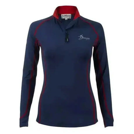 Navy blue long sleeved quarter zip lemieux base layers top with red collar and side panels perfect rider base layer matching heaven