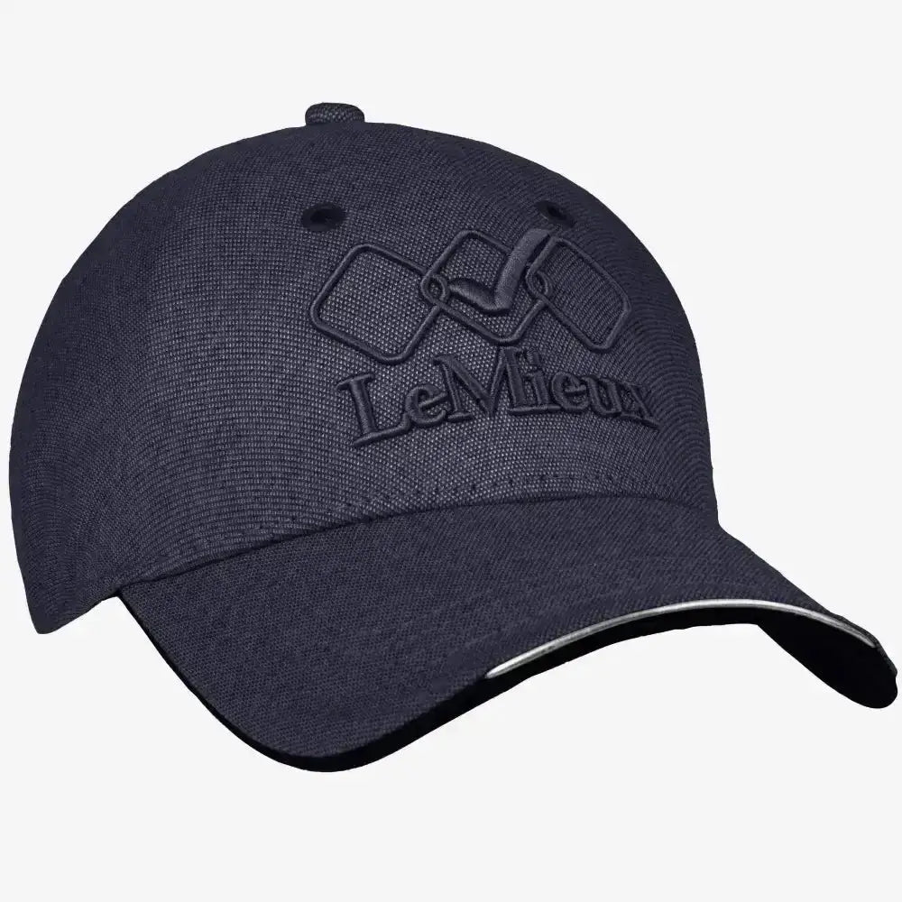 Dark blue lemieux baseball cap with unique seamless shell and embroidered logo with white trim on brim