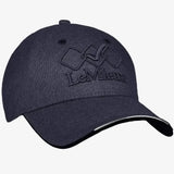 Dark blue lemieux baseball cap with unique seamless shell and embroidered logo with white trim on brim