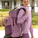 Purple lemieux boot and hat bag mallow with black trim and textured front pocket made of waterproof nylon