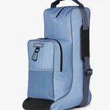 Light blue lemieux boot bag with black accents and mesh panel made of waterproof nylon for riding hat storage