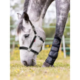 Black horse hoof protector with adjustable straps and diamond shaped logo designed for heavy load avoiding and easy headcollar use