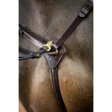 Brown leather lemieux breastplate d ring attachment with brass hardware and diamond brand patch for martingale attachment