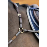 Dark brown leather lemieux breastplate d ring attachment with brass hardware and martingale attachment feature