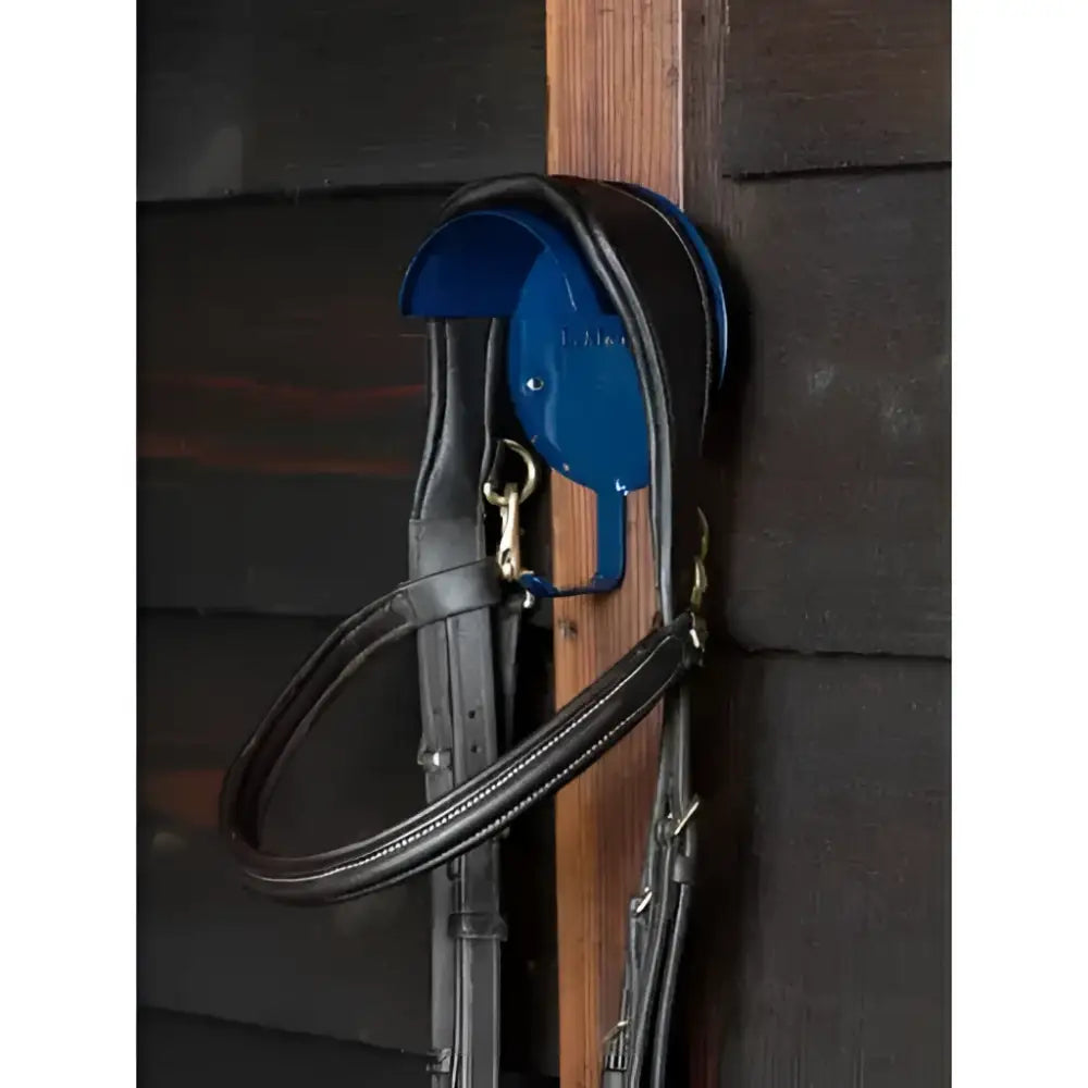 Black leather lemieux bridle with a blue plastic lemieux bridle bracket navy for easy mounting and use