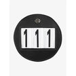 Black leather lemieux bridle number holder with silver logo and white sliding numbers displaying 111