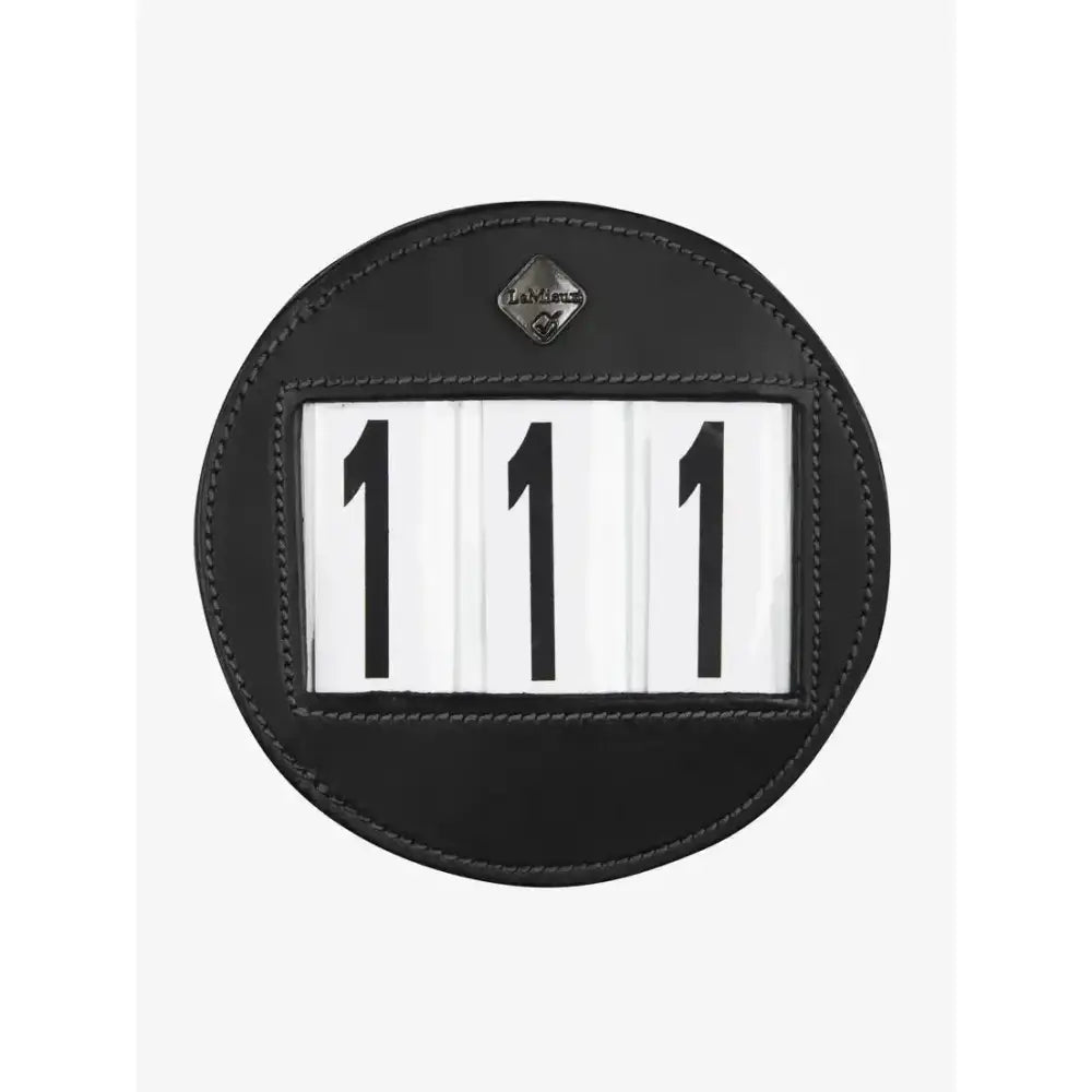 Black leather lemieux bridle number holder with silver logo and white sliding numbers displaying 111