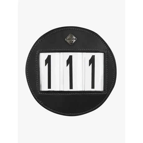 Black leather circular lemieux bridle number holder with silver logo and white sliding numbers 1 1 1
