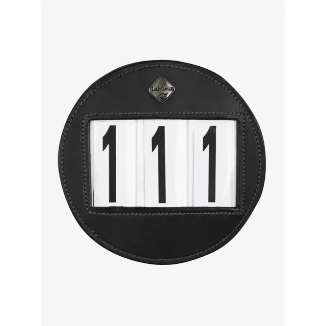 Black leather lemieux bridle number holder with silver logo and white sliding numbers displaying 111
