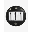 Black leather lemieux bridle number holder diamante with silver rhinestones and clear window showing number 111