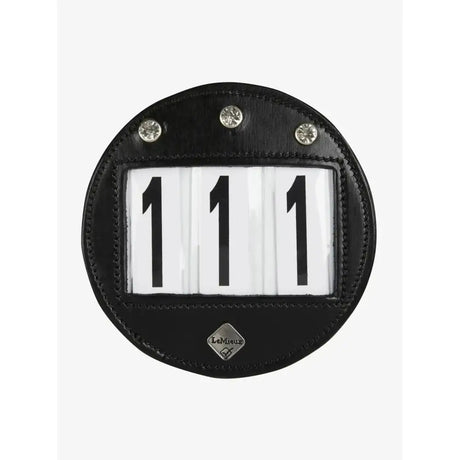 Black leather lemieux bridle number holder diamante with silver rhinestones and clear window showing number 111
