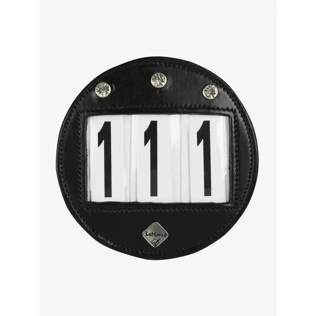 Black leather lemieux bridle number holder diamante with silver rhinestones and clear window showing number 111