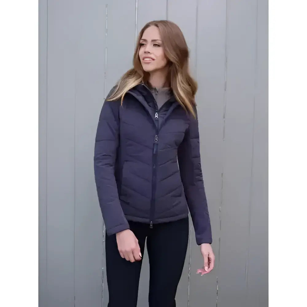 Dark navy quilted puffer lemieux brioney hybrid jacket dusk blue with hood and front zipper for cold weather