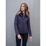 Dark navy quilted puffer lemieux brioney hybrid jacket dusk blue with hood and front zipper for cold weather