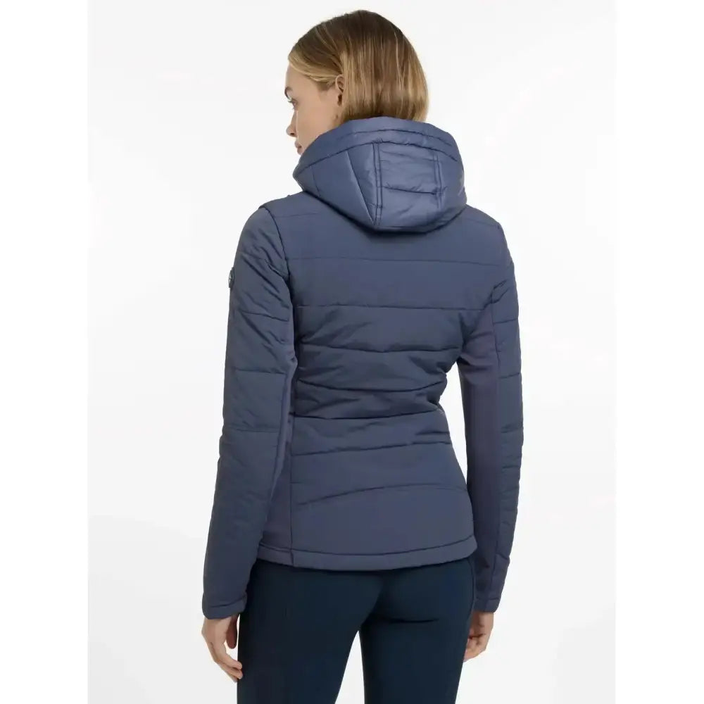 Navy blue quilted hooded hybrid jacket dusk by lemieux brioney hybrid jacket perfect for cool weather layering