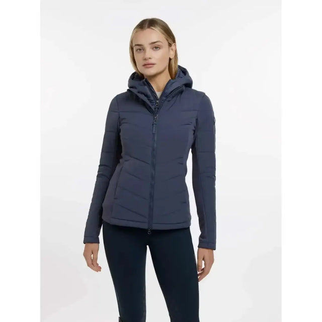 Dark blue quilted hooded lemieux brioney hybrid jacket dusk with sleek modern design for cool weather use