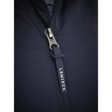 Black zipper pull with lemieux branding on dark navy fabric of lemieux brioney hybrid jacket for versatile wear