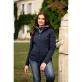 Navy quilted puffer brioney hybrid jacket with gray lining and zipper pulls in lemieux brioney hybrid style