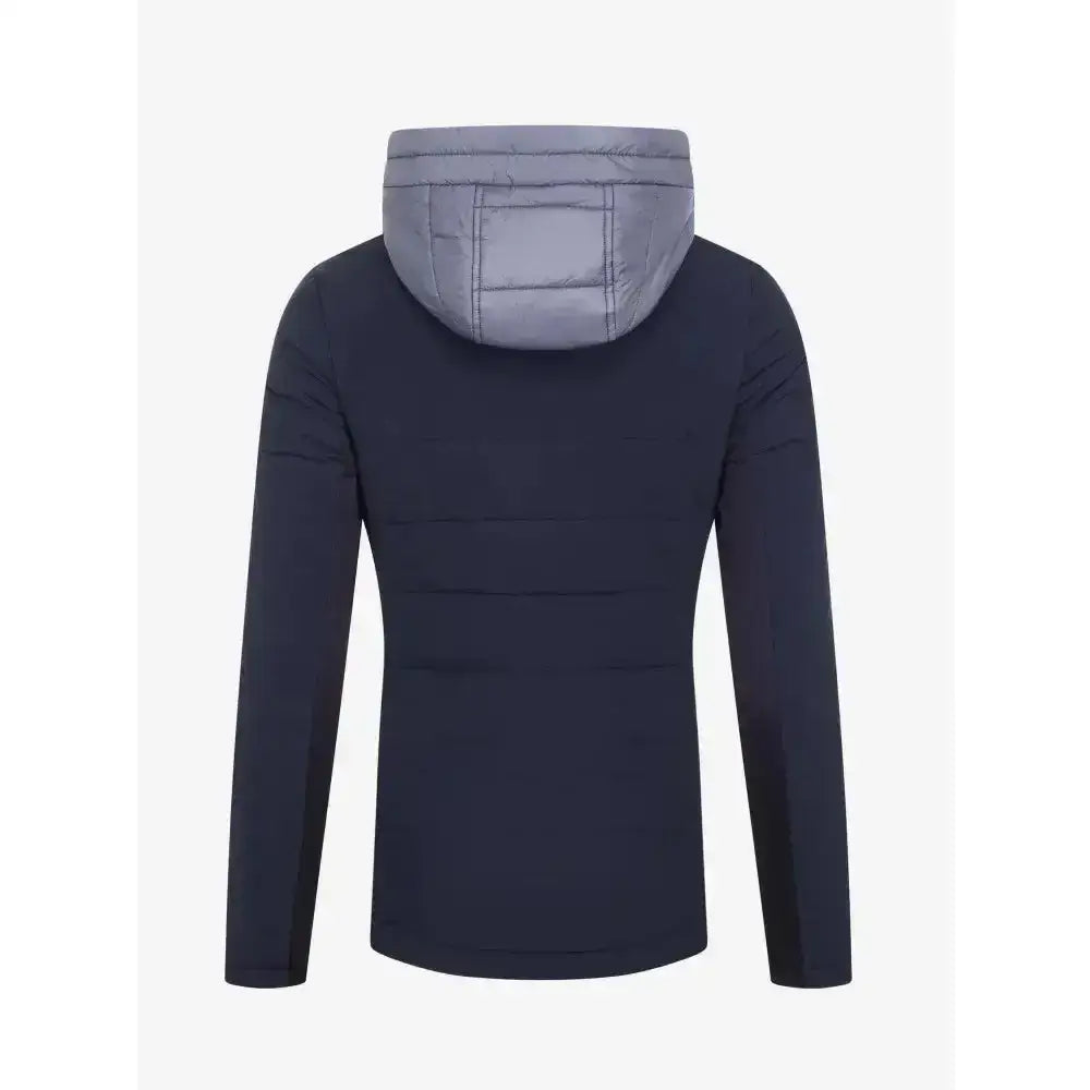 Dark navy lemieux brioney hybrid jacket with a gray quilted hood for warm 2-in-1 brioney hybrid style
