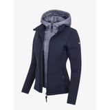 Dark navy lemieux brioney hybrid jacket with insulated hood, gray quilted interior, and subtle sleeve logo