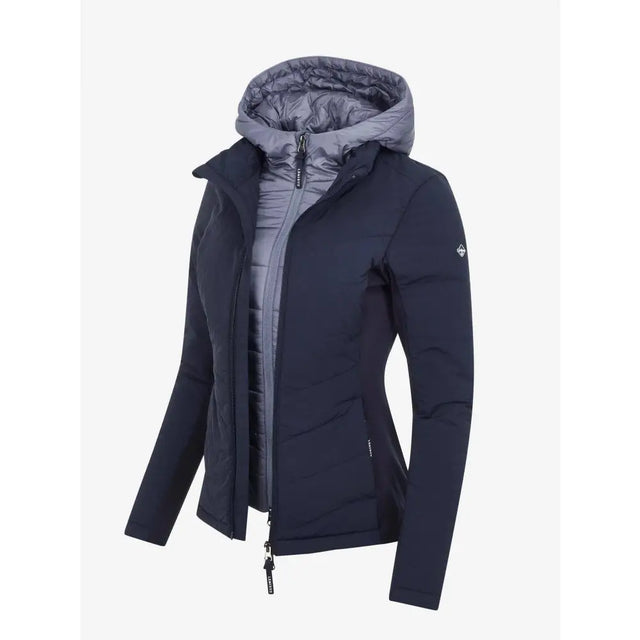Dark navy lemieux brioney hybrid jacket with insulated hood, gray quilted interior, and subtle sleeve logo